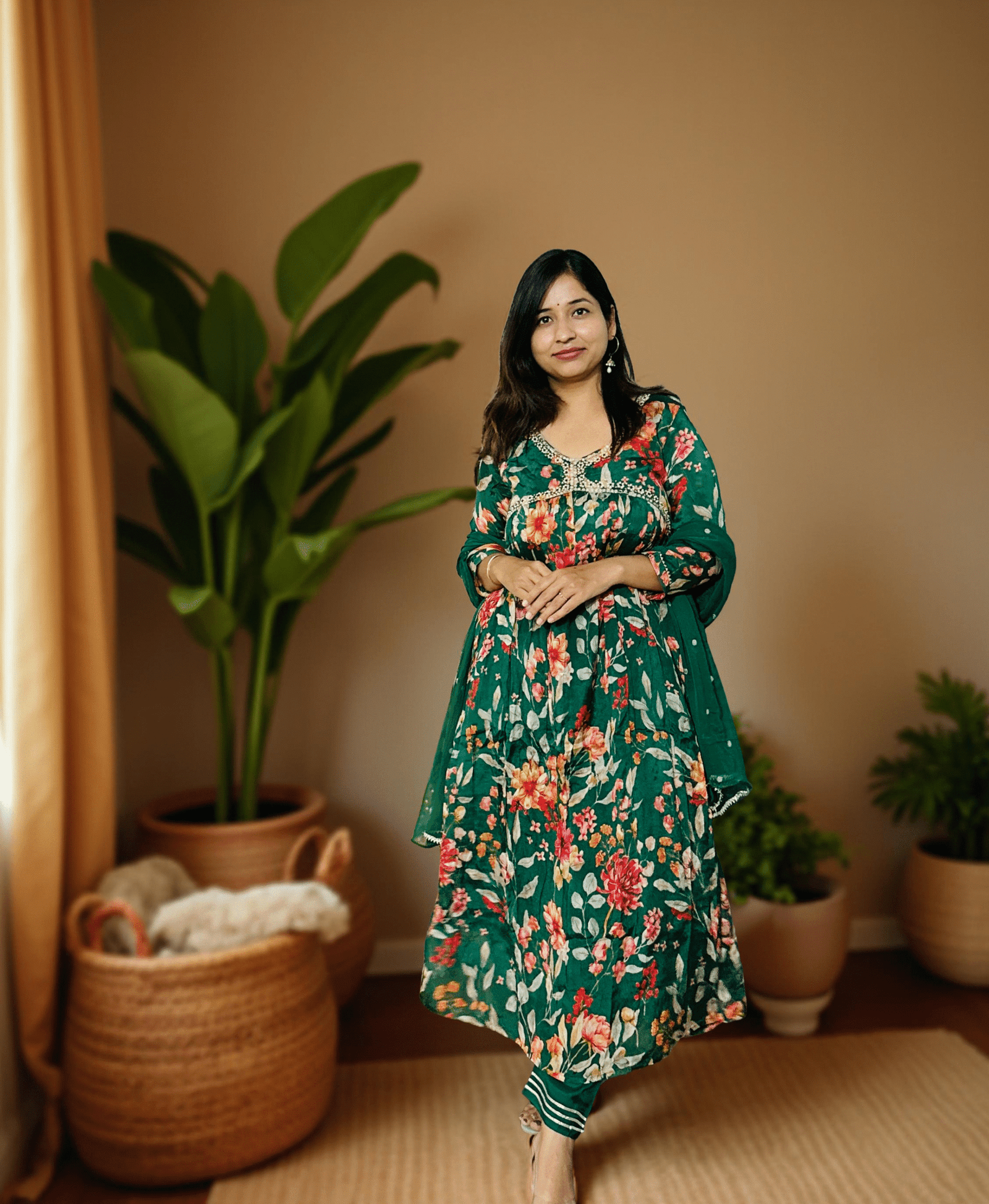 Floral Print vibrant green suit set with dupatta