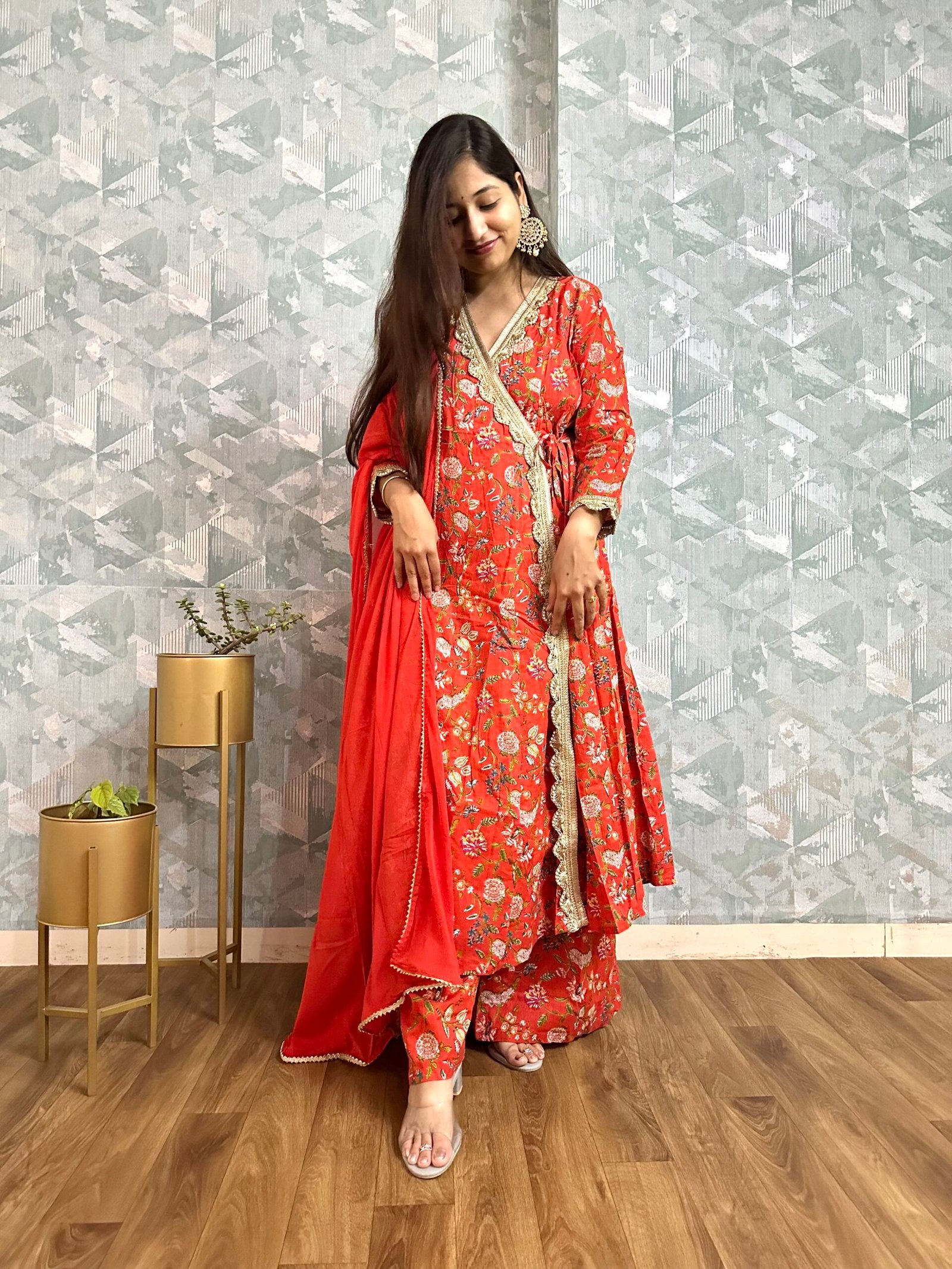 Orange Angrakha Suit set with beautiful lace detailing