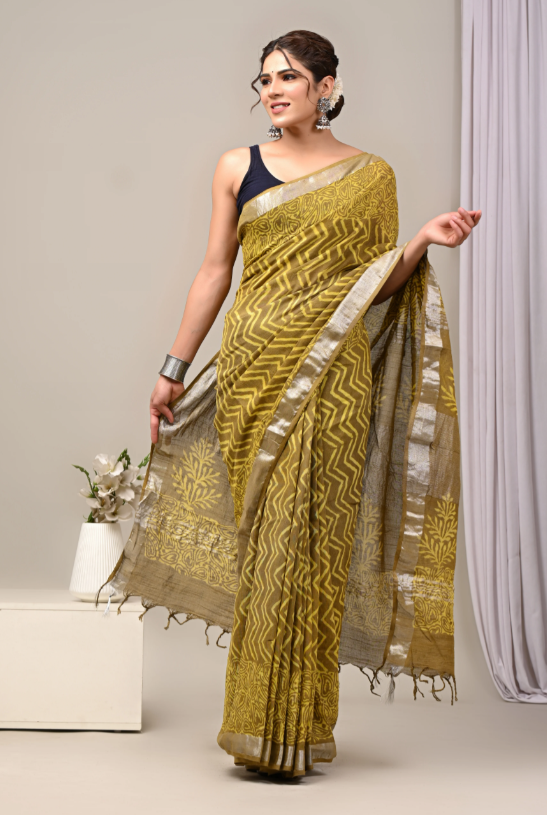 Chevron Pattern Cotton linen saree